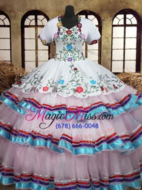 Flare White Ball Gown Prom Dress Military Ball and Sweet 16 and Quinceanera and For with Embroidery and Ruffled Layers Straps Sleeveless Lace Up