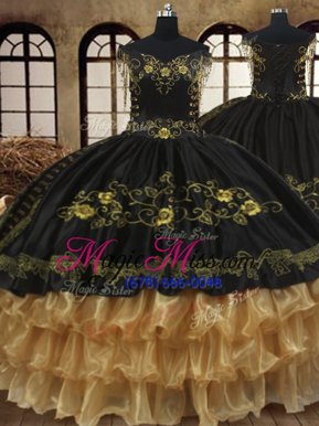 Cheap Off the Shoulder Black and Gold Sleeveless Beading and Embroidery and Ruffled Layers Floor Length Sweet 16 Quinceanera Dress
