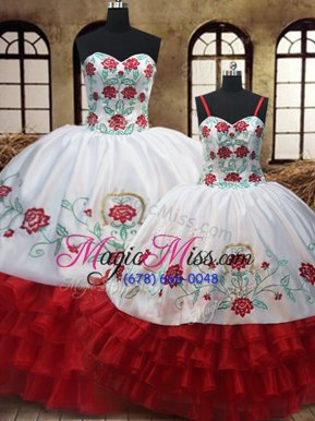 Eye-catching EmbroideryRuffled White And Red Sleeveless Organza Lace Up Sweet 16 Dress for Military Ball and Sweet 16 and Quinceanera