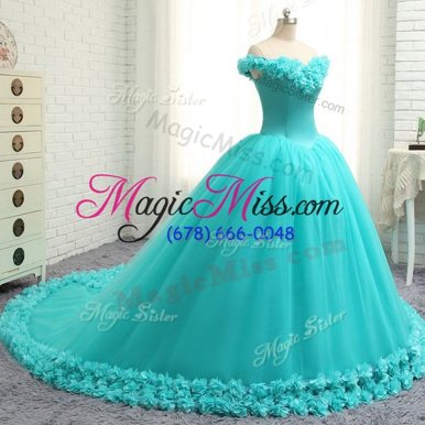 Fashion Off the Shoulder Aqua Blue Cap Sleeves Court Train Hand Made Flower With Train Ball Gown Prom Dress