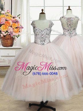 Best Straps Straps Cap Sleeves Tulle Floor Length Zipper Little Girls Pageant Gowns in Pink for with Beading