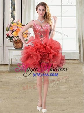 Fine Ball Gowns Party Dress Wholesale Coral Red Straps Organza Sleeveless Mini Length Lace Up