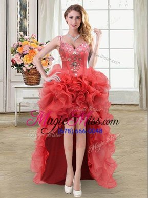 On Sale Coral Red Straps Neckline Beading and Ruffles Cocktail Dresses Sleeveless Lace Up