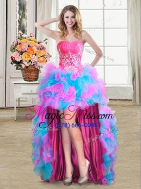 Blue Organza and Tulle Zipper Sweetheart Sleeveless High Low Club Wear Beading and Ruffles