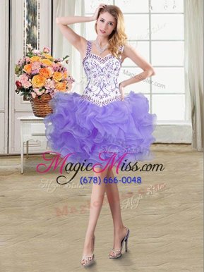 Admirable Ball Gowns Party Dress for Girls Lavender Straps Organza Sleeveless Mini Length Lace Up