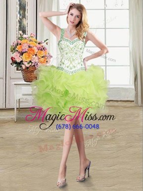 Flirting Straps Straps Floor Length Yellow Green Party Dress for Toddlers Organza Sleeveless Beading and Ruffles