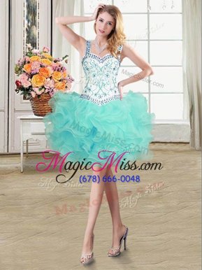 Fitting Straps Straps Mini Length Ball Gowns Sleeveless Aqua Blue Cocktail Dresses Lace Up