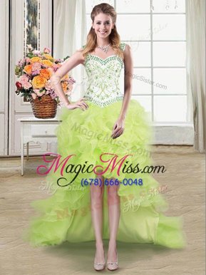 Custom Made Straps Straps Yellow Green Sleeveless Beading and Ruffles High Low Cocktail Dresses