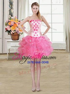 Hot Sale Strapless Sleeveless Tulle Party Dress Beading and Appliques and Ruffles Lace Up