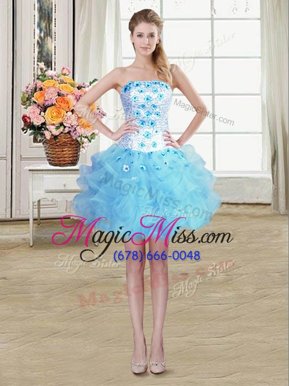 Modern Light Blue Sleeveless Mini Length Beading and Appliques and Ruffles Lace Up Club Wear