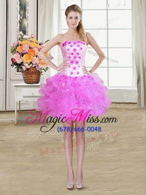 Pretty Fuchsia Tulle Lace Up Party Dress Sleeveless Mini Length Beading and Appliques and Ruffles