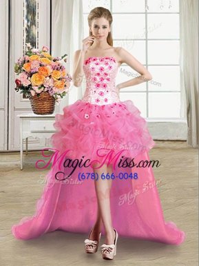 Captivating Rose Pink Lace Up Club Wear Beading and Appliques and Ruffles Sleeveless High Low