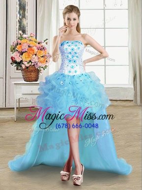 Fashionable Tulle Strapless Sleeveless Lace Up Beading and Appliques and Ruffles Military Ball Dresses For Women in Light Blue