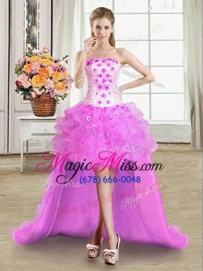 Chic Tulle Strapless Sleeveless Lace Up Beading and Appliques and Ruffles Cocktail Dresses in Fuchsia