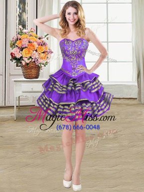 Decent Taffeta Sweetheart Sleeveless Lace Up Beading and Embroidery and Ruffled Layers Juniors Party Dress in Eggplant Purple