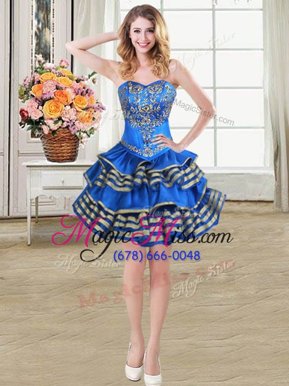 Charming Blue Lace Up Party Dress for Girls Beading and Embroidery and Ruffled Layers Sleeveless Mini Length