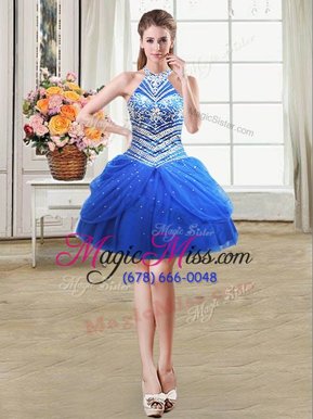 Best Selling Halter Top Royal Blue Sleeveless Beading and Pick Ups Mini Length Cocktail Dress