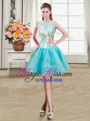 High End Aqua Blue Zipper Scoop Beading Party Dress for Toddlers Organza Sleeveless