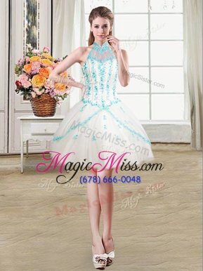 Low Price Halter Top White Sleeveless Beading and Ruffles Mini Length Cocktail Dresses