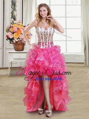 Glorious High Low Lace Up Party Dress Wholesale Hot Pink and In for Prom and Party with Beading and Ruffles