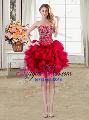 Stunning Red Juniors Party Dress Prom and Party and For with Beading and Ruffles Sweetheart Sleeveless Lace Up