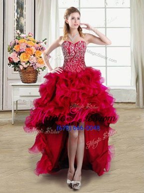 Vintage Red Lace Up Cocktail Dresses Beading and Ruffles Sleeveless High Low
