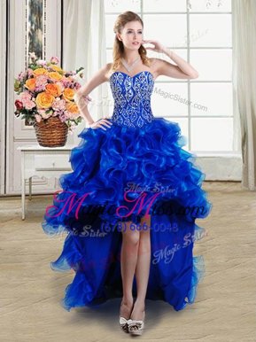Glorious High Low Ball Gowns Sleeveless Royal Blue Pageant Dress for Girls Lace Up