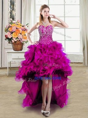 Unique Fuchsia Sleeveless High Low Beading Lace Up Club Wear