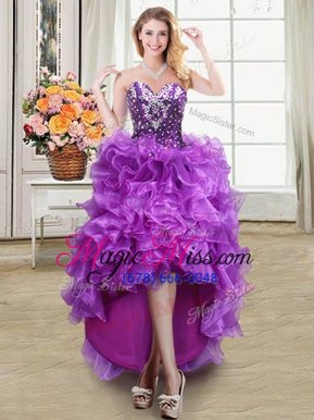 Stunning Eggplant Purple Organza Lace Up Sweetheart Sleeveless High Low Cocktail Dresses Beading and Ruffles
