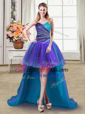 High Class Multi-color Ball Gowns Sweetheart Sleeveless Tulle High Low Lace Up Beading and Ruffles Party Dress