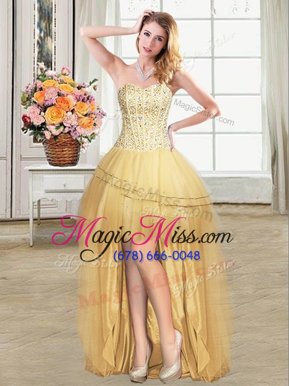 Romantic Sweetheart Sleeveless Military Ball Dresses For Women High Low Beading and Sequins Gold Tulle