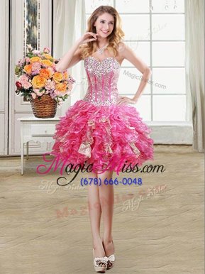 Comfortable Sequins Hot Pink Sleeveless Organza Lace Up Juniors Party Dress for Prom and Party