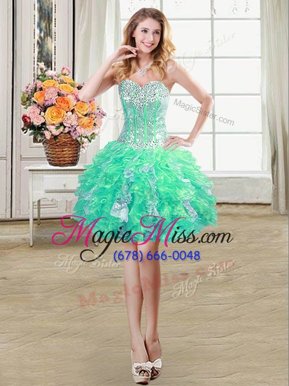 Popular Mini Length Lace Up Casual Dresses Turquoise and In for Prom and Party with Beading and Ruffles and Sequins