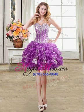 Discount Purple Ball Gowns Sweetheart Sleeveless Organza Mini Length Lace Up Beading and Sequins Military Ball Gowns