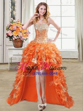 Adorable Sweetheart Sleeveless Homecoming Party Dress High Low Beading and Ruffles and Sequins Orange Organza