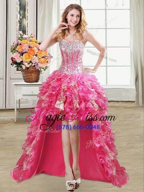 On Sale Organza Sleeveless High Low Pageant Dress Womens and Beading and Ruffles and Sequins