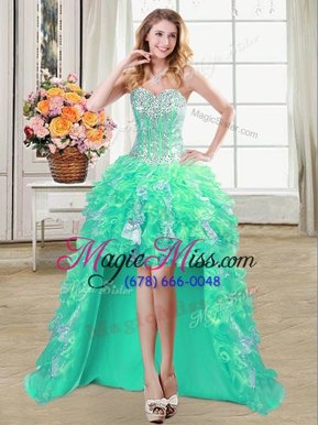 Super Turquoise Organza And Sequins and Organza and Sequins Lace Up Junior Homecoming Dress Sleeveless High Low Sequins, Ruffles, Beading