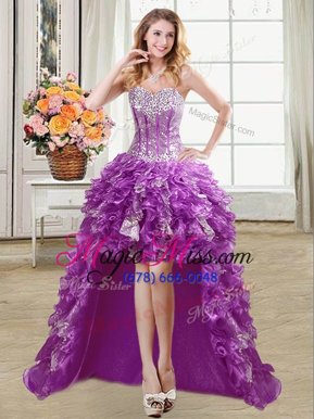 Deluxe Purple Sleeveless Sequins, Ruffles, Beading High Low Custom Made Pageant Dress
