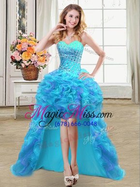 Clearance Aqua Blue Organza Lace Up Sweetheart Sleeveless High Low Celebrity Style Dress Beading and Ruffles