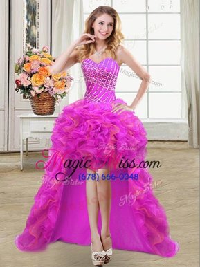 Ball Gowns Pageant Dress for Girls Fuchsia Sweetheart Organza Sleeveless High Low Lace Up