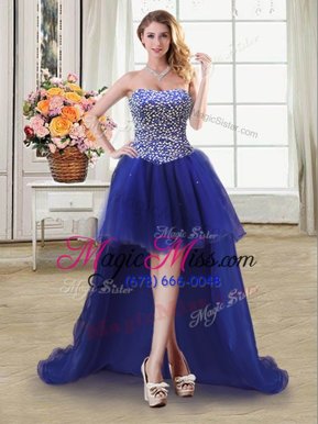 High Class Royal Blue Ball Gowns Sweetheart Sleeveless Tulle High Low Lace Up Beading Celebrity Inspired Dress