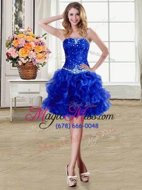Colorful Organza Strapless Sleeveless Lace Up Beading and Ruffles Party Dress for Girls in Royal Blue