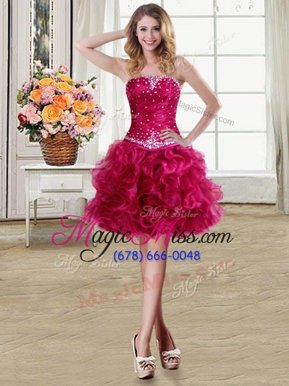 Pretty Fuchsia Ball Gowns Beading and Ruffles Cocktail Dress Lace Up Organza Sleeveless Mini Length
