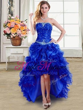 Hot Sale High Low Lace Up Cocktail Dresses Royal Blue and In for Prom and Party with Beading and Ruffles
