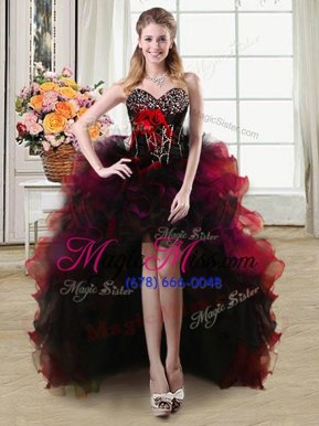 Pretty Red And Black Sleeveless Beading and Ruffles and Hand Made Flower High Low Ball Gown Prom Dress