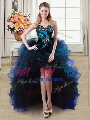 Edgy Blue And Black Organza and Tulle Lace Up Sweetheart Sleeveless High Low Party Dress for Girls Beading and Ruffles and Hand Made Flower