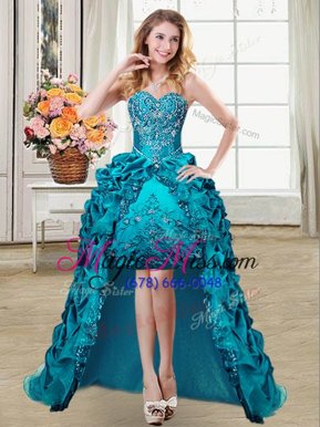 Latest Teal Ball Gowns Sweetheart Sleeveless Organza and Taffeta High Low Lace Up Pick Ups Pageant Dress