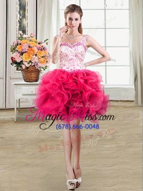 Dynamic Hot Pink Straps Neckline Beading and Lace and Ruffles Cocktail Dresses Sleeveless Lace Up