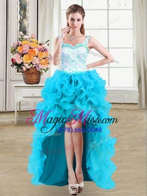 Ideal Straps Straps Sleeveless Organza High Low Lace Up Club Wear in Baby Blue for with Beading and Appliques and Ruffles