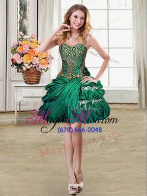 Custom Designed Mini Length Dark Green Party Dress for Toddlers Taffeta Sleeveless Beading and Appliques and Pick Ups